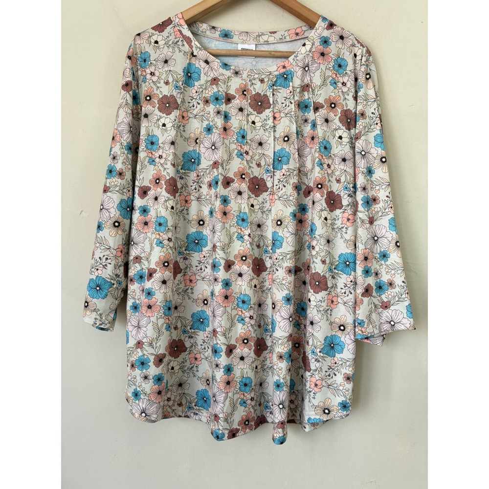 Floral Long Sleeve Pleated Blouse 3XL Blue Pink Fall Cottagecore Top Garden